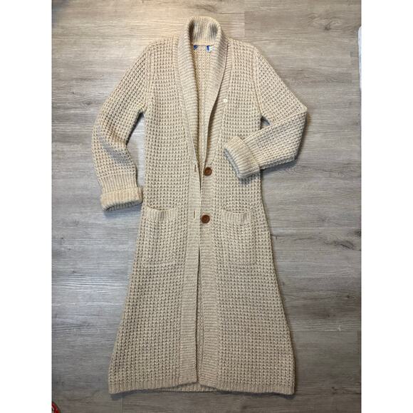 Vintage 70's Maxi Chunky Knit Mohair Wool Cardigan Beige 2 Button Casual Sweater - Picture 2 of 16
